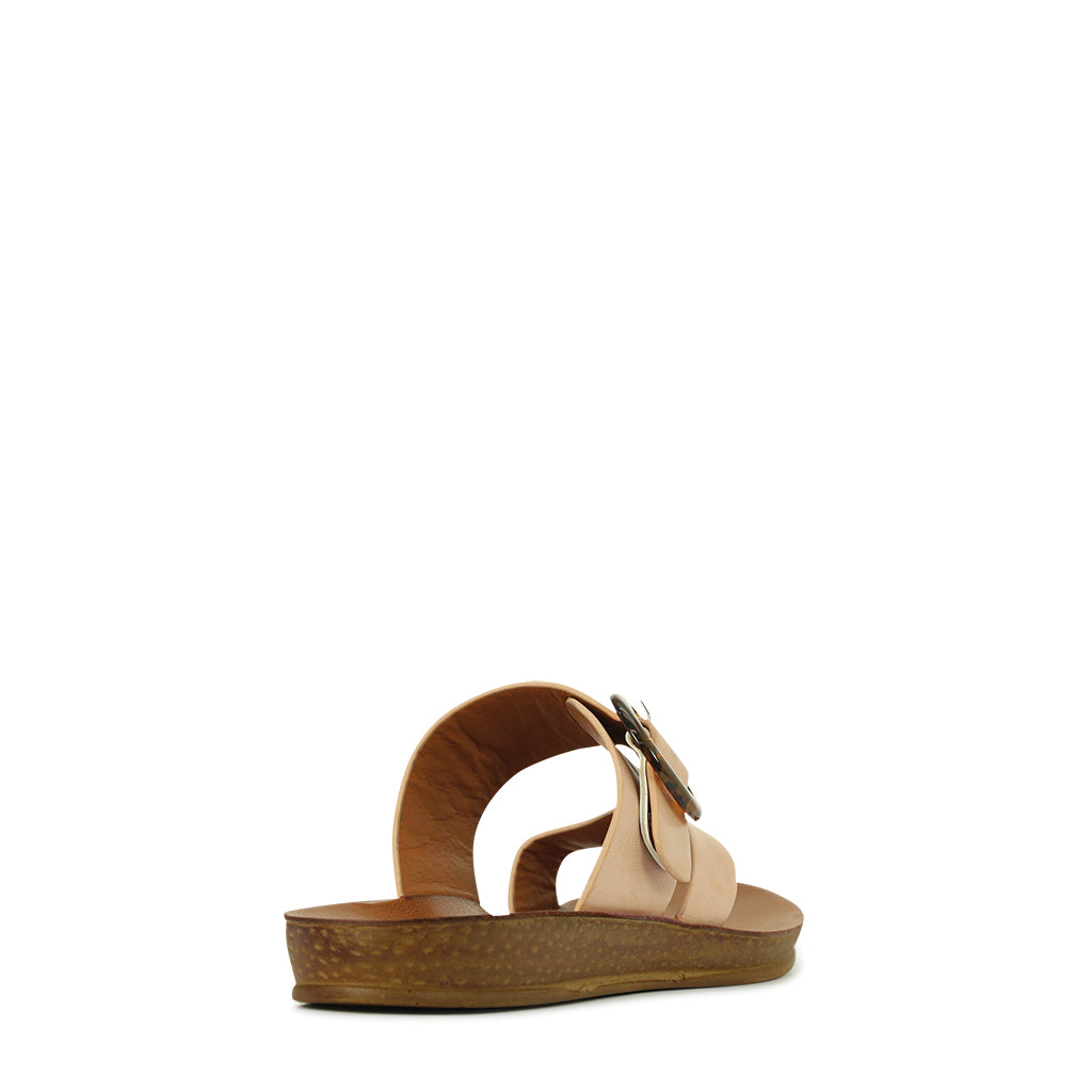 Brown sandal with a strap on a white background